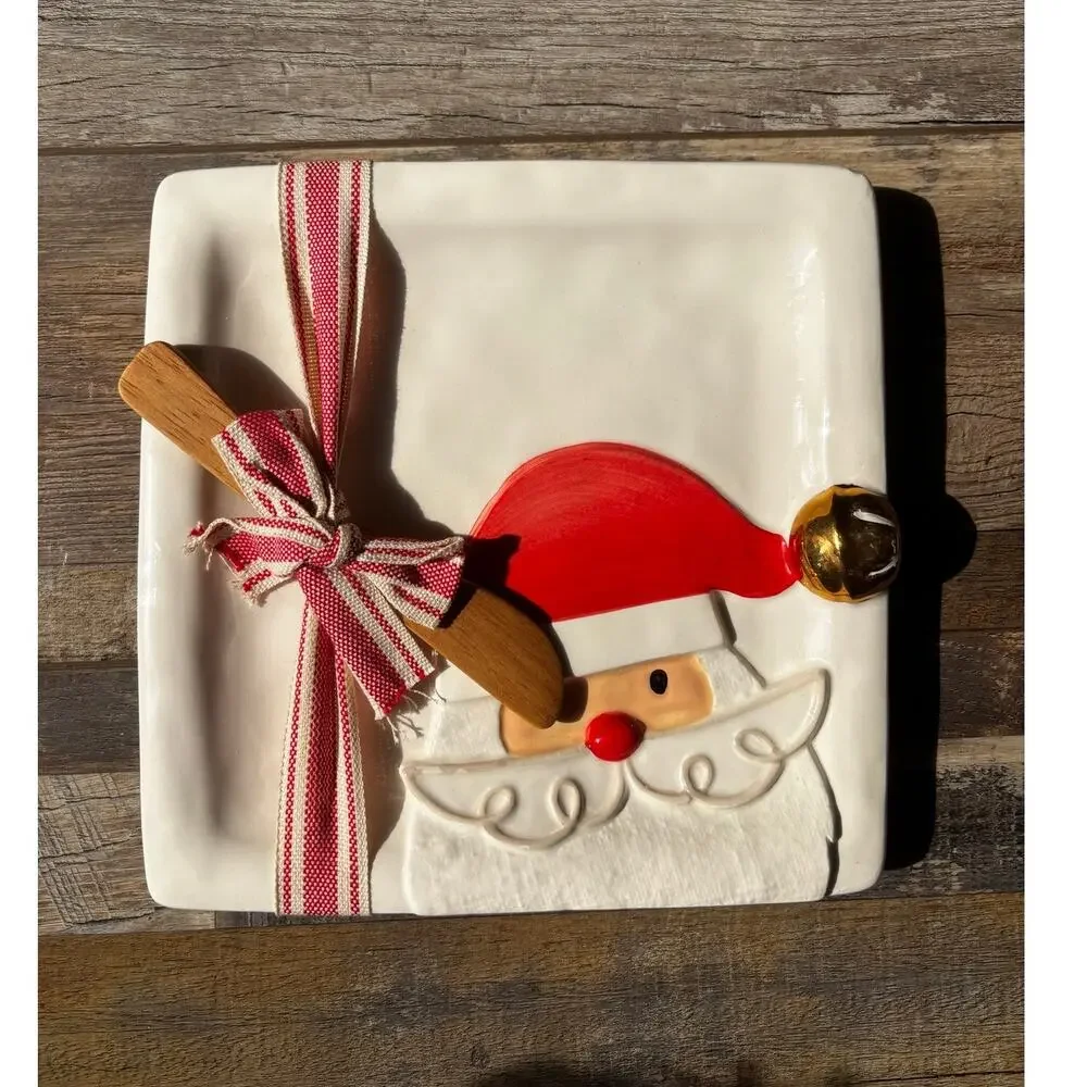 MUD PIE Santa Christmas Appetizer Plate Set Wood Spreader Holiday Cheese Tray